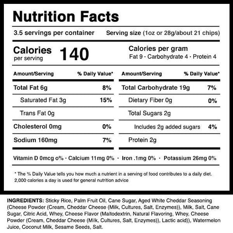 Dang Sticky Rice Cakes Aged Cheddar Nutrition and Ingredient Facts